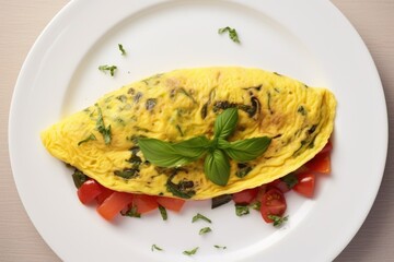 Sticker - veggie omelette on a plain white plate, shot from above