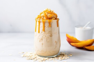 Sticker - peach overnight oats in a tall glass on a marble counter