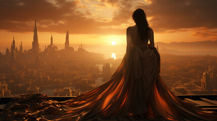 Wall Mural - Arab woman wearing dress The abaya watches the sunset in the desert with the silhouette of Dubai