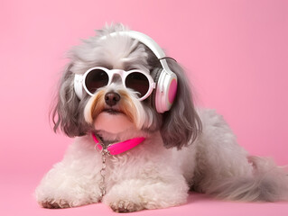 Wall Mural - Havanese dog with headphone, wearing eyeglasses.