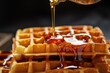 close up shot of syrup dripping onto waffles