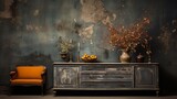Fototapeta  - A vintage classic dresser from ancient times finds its place near a dilapidated wall, creating a retro grunge ambiance in the aged living room's interior design