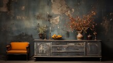 A Vintage Classic Dresser From Ancient Times Finds Its Place Near A Dilapidated Wall, Creating A Retro Grunge Ambiance In The Aged Living Room's Interior Design