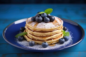 Poster - pancakes garnished with blueberries on a blue plate