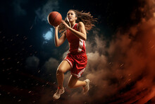 A Red-uniformed Basketball Girl Soars In The Air, Playing Basketball Amidst Smoke And Colorful Spotlights Against A Dark Backdrop. Generative AI.