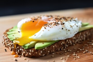 Poster - close-up of poached egg on sliced avocado toast