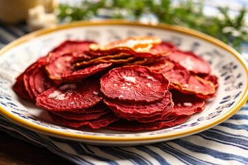 Sticker - close-up of crispy roasted beet chips on a china plate