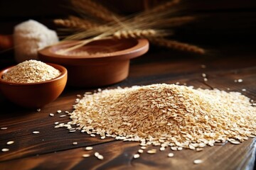 whole grain cereal grains scattered on a wooden table