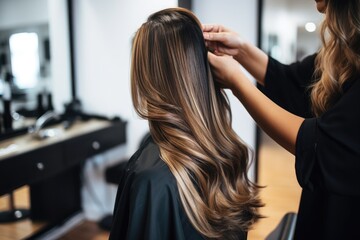 Female hairdresser stylish doing hair dyeing to long hair customer in the hair salon.