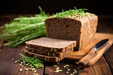 Poster - slice of sprouted grain bread on rustic wood table