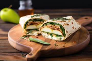 Sticker - pear and brie wrap served on a rustic wooden board