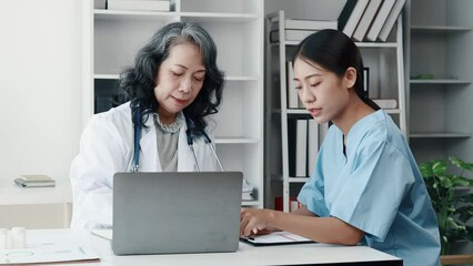 Poster - Senior doctor meets with doctors in department to plan patient treatment and find treatment guidelines, hospital conference room, health examination planning meeting. Medical concepts and treatment.