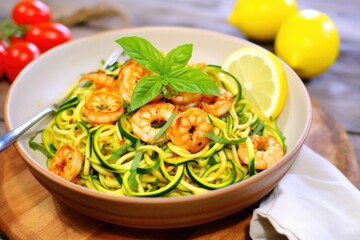 Poster - prawns atop a vibrant bowl of zoodles