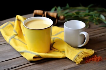 Canvas Print - turmeric latte in pot next to cloth napkin on stained wood table