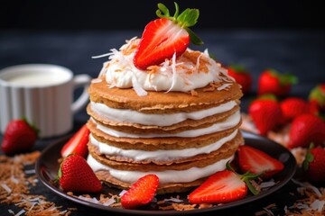 Sticker - vegan pancakes topped with coconut cream and fresh strawberries