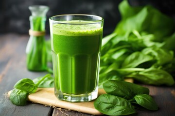 Wall Mural - green vegetable juice with a bundle of spinach leaves nearby