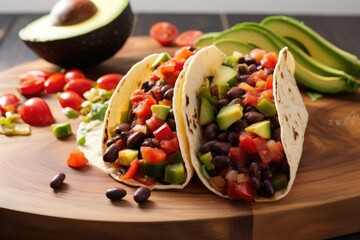 Poster - vegan taco filled with black beans and avocado on a wooden board