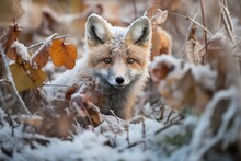 A Fox Peering Curiously From Its Burrow During A Crisp Autumn Frost