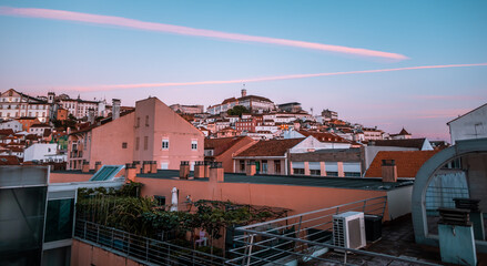 Wall Mural - Aerial panoramic sunset view of the old town of Coimbra, Portugal