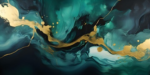 Wall Mural - Abstract marble waves painting with crushed gold. Made in fluid art style.