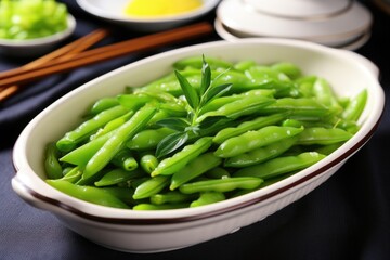 Poster - steamed sugar snap peas on small ceramic dish