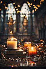 Canvas Print - The cross, candles, and the Bible laid side by side inside the church, bokeh background. AI generative
