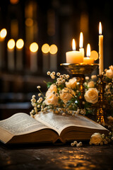 Wall Mural - The cross, candles, and the Bible laid side by side inside the church, bokeh background. AI generative