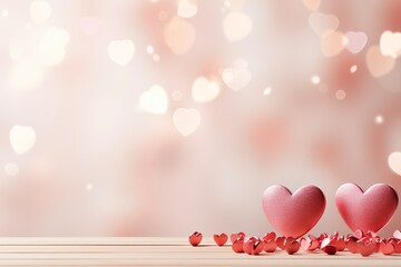 Wall Mural - Pink hearts on a wooden table against a light defocused bokeh background. Love, Valentine's Day concept.