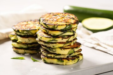 Poster - grilled zucchini slices stacked on marble countertop