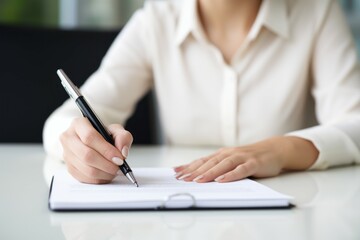 Hands of adult woman with pen and glasses on desktop. Writer education information desk mature. Generate Ai