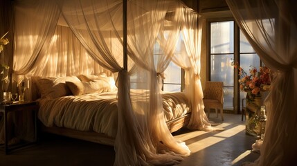 Canvas Print -  a bedroom with a canopy bed and a window with sheer curtains.  generative ai