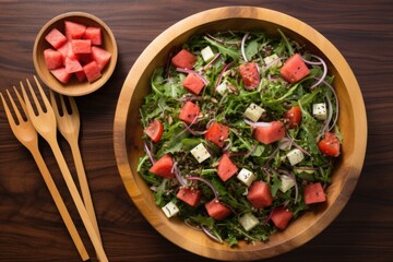 Wall Mural - top view of a large plate with watermelon salad next to a wooden salad spoon