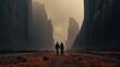  two people standing on a dirt road in front of mountains.  generative ai