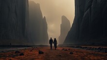  Two People Standing On A Dirt Road In Front Of Mountains.  Generative Ai