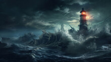 A lighthouse at night during rough sea storm