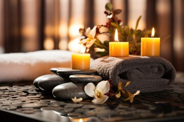 Canvas Print - massage stones in a spa reception with winter decorations