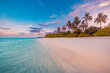 Amazing closeup sea wave beach panorama. Dramatic romantic colorful sunset paradise island coconut palm trees cloud sky. Best tropical coast sunlight reflection silhouette, fantastic nature background