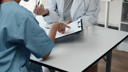 Poster - Senior doctor meets with doctors in department to plan patient treatment and find treatment guidelines, hospital conference room, health examination planning meeting. Medical concepts and treatment.