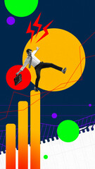 Wall Mural - Challenges and struggles. Businessman balancing on analytical graphs. Overcoming professional difficulties. Contemporary art collage. Concept of business, office, innovations, success, development
