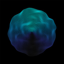 Abstract 3D Sphere Flowing Light Lines Wave Blue Green Gradient Isolated On Black Background. Vector In Concept Of AI Technology, Science, Music, Modern.