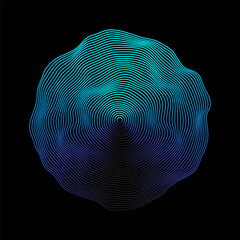 Aufkleber - Abstract 3D sphere flowing light lines wave blue green gradient isolated on black background. Vector in concept of AI technology, science, music, modern.