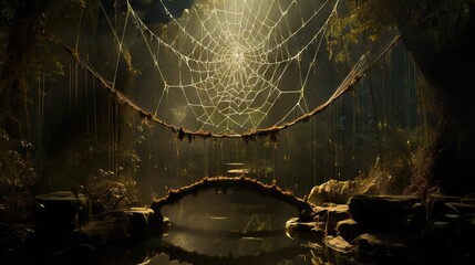 Wall Mural -  a spider web hanging over a pond in a dark forest.  generative ai