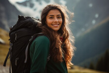 Indian Female Hiker Hiking In The Mountains With A Backpack