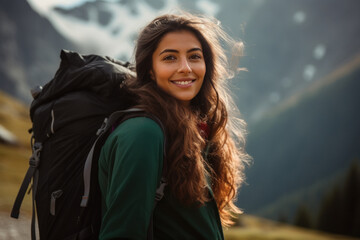 Indian female hiker hiking in the mountains with a backpack