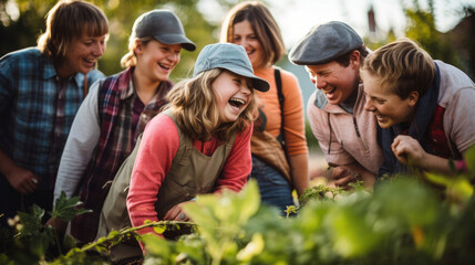 Wall Mural - Joyful gathering in a community garden with a person with Down Syndrome radiating positivity.