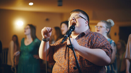 Wall Mural - Music and laughter: person with Down syndrome takes the stage.