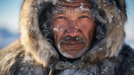 Wall Mural - Inuit Elder Gazes at Snowy Tundra in Fur-lined Parka