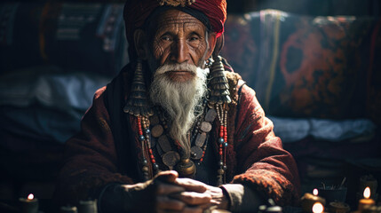 Canvas Print - Wise Nepali Shaman Conducts Ritual near Himalayas