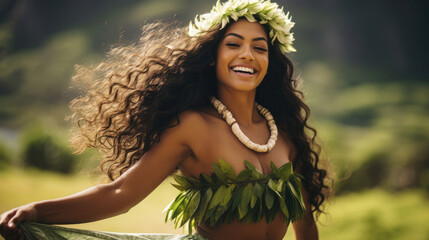 Wall Mural - Radiant Hawaiian Hula Dancer in Swirling Grass Skirt and Lei