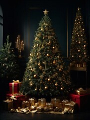 Wall Mural - Christmas tree with golden presents and decoration, award winning fashion magazine cover photo